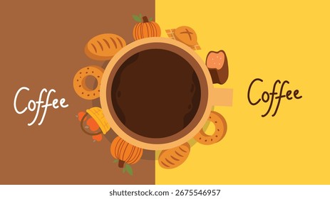 Coffee cup with cookies bread pumpkin and autumn elements