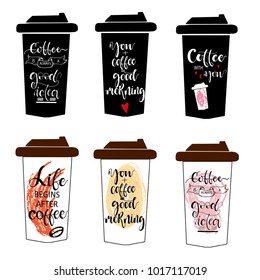 Coffee cup covered with hand-drawings on the theme of coffee, vector illustration on a white background.
