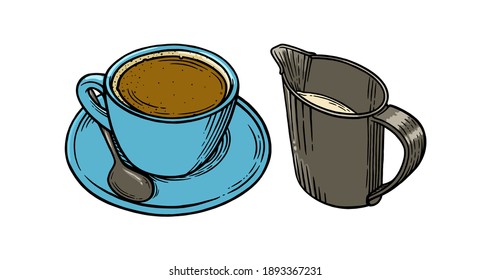 Coffee cup and creamer engraved set. Cup of americano with additional milk. Sketch vector illustration