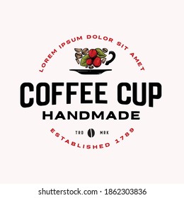 Coffee cup create from coffee beans and leaf illustrative vintage logo