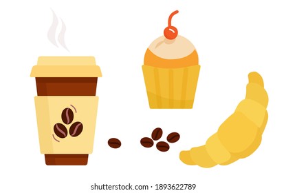 Coffee cup with a croissant, cake. Coffee break. Paper coffee cup. Vector Design for branding or ads.