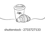 Coffee cup and a croissant, continious line drawing. Hot chocolate. Cappuccino, coffee shop, barista outline. Vector illustration