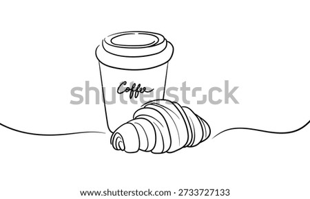 Coffee cup and a croissant, continious line drawing. Hot chocolate. Cappuccino, coffee shop, barista outline. Vector illustration