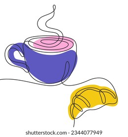 Ilustración vectorial colorida del vaso de café y croissant