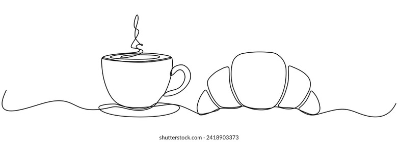 Coffee cup and croissant continuous line drawing. Vector illustration isolated on white.