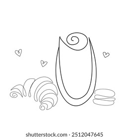 Coffee cup with croissant in continuous line art drawing style. Black line sketch on white background. Vector illustration