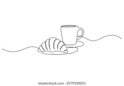 Coffee cup and croissant continuous line drawing. Vector illustration isolated on white, Breakfast icon line continuous drawing vector. One line Coffee with a croissant icon vector.