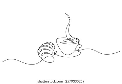 Coffee cup and croissant continuous line drawing. Vector illustration isolated on white, Breakfast icon line continuous drawing vector. One line Coffee with a croissant icon vector.