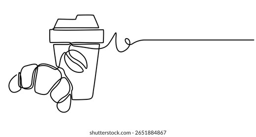  Coffee cup and croissant continuous line drawing. Vector illustration isolated on white, Breakfast icon line continuous drawing vector. One line Coffee with a croissant icon vector.
