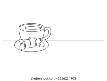 Coffee cup and croissant. Continuous single line drawing. Isolated on white background. Vector illustration