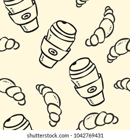 Coffee cup and croissant doodles on pastel background seamless pattern