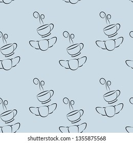 Coffee cup and croissant doodles on pastel background seamless pattern. Seamless background with french croissant and coffee. Sweet bakery seamless pattern. Coffee shop. Loaf store, bread house.