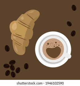 Coffee cup and croissant. French breakfast. Fragrant espresso and fresh pastries. 