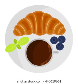 Coffee cup with croissant and fresh ripe blueberry top view isolated on white background.