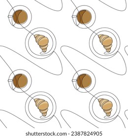 Coffee cup croissant hand drawn background. Line continuous seamless pattern vector. Cartoon pastry backdrop. Dessert illustration. Kitchen wallpaper, repeated bakery print, card, banner. 