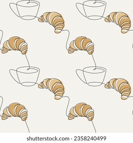 Coffee cup croissant icon background. Line continuous  seamless pattern vector. Cartoon pastry backdrop. Dessert doodle illustration. Kitchen wallpaper, bakery print, graphic design, card, banner.