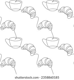 Coffee cup croissant icon background. Line continuous  seamless pattern vector. Cartoon pastry backdrop. Dessert doodle illustration. Kitchen wallpaper, bakery print, graphic design, card, banner.