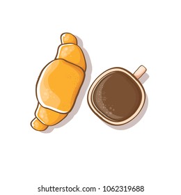 coffee cup and croissant isolated on white background. vector top view coffee cup with flat lay cake cartoon style.. Good morning cute graphic illustration