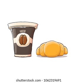 coffee cup and croissant isolated on white background. vector coffee cup with cake cartoon style. Good morning cute graphic illustration