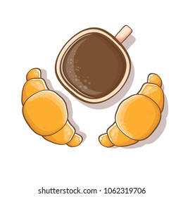 coffee cup and croissant isolated on white background. vector top view coffee cup with flat lay cake cartoon style.. Good morning cute graphic illustration