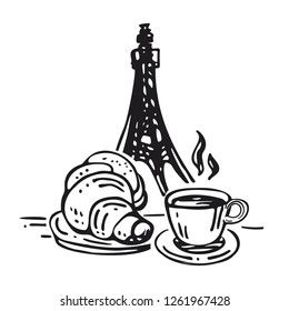 Coffee cup with croissant on Eiffel Tower background. Icon is hand drawn. Vector illustration in sketch style for postcard, cafe background.