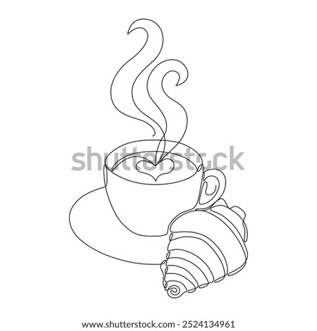 Coffee cup with croissant one continuous line drawing. Linear silhouette hand drawn in minimalist style. Vector editable outline