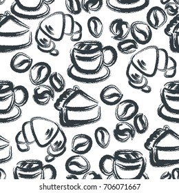 Coffee cup with croissant and pie seamless background