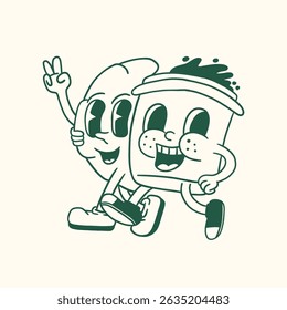 coffee cup and croissant retro cartoon character illustration