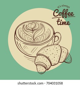 coffee cup and croissant vector illustration, postcard template