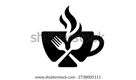 Coffee cup with crossed fork and spoon black silhouette logo for restaurant or cafe.	