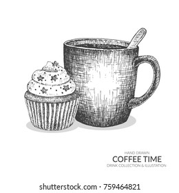 Coffee cup and cupcake. Coffee break in morning time. Vintage hand drawn black and white drink collection.  Isolated vector elements.