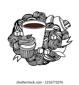 Coffee cup, cupcake and croissant. Doodle art with sugar cubes, spoon and ribbon. Design element for cafe, confectionery, bakery. Graphic print. Vector illustration.