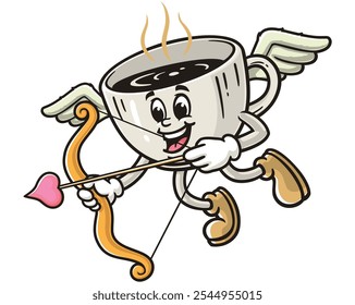 Xícara de café com estilo Cupido, Desenho Animado Mascote Ilustração Personagem Vetor Retro Vintage Clip-art Desenhado à mão Logo Design