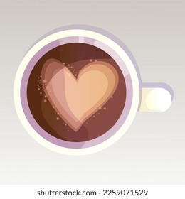 Coffee cup with cute heart, beverage with caffeine, cappuccino in mug top view in cartoon style isolated on white background. 