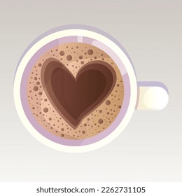 Coffee cup with cute heart, beverage with caffeine, cappuccino in mug top view in cartoon style isolated on white background. 