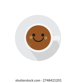 Coffee cup with cute smiling face on frothy surface representing good mood, vivacity, and energy for an active day.