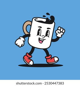 Coffee Cup Dancing Retro Mascot Cartoon Vector Illustration