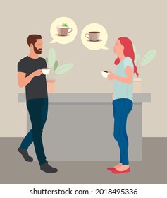 Coffee cup date. People chatting about coffee tastes. Editable vector illustraion