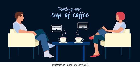 Tasse Kaffee. Leute, die über Kaffeespezialitäten plaudern. Bearbeitbare Vektorgrafik