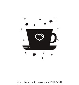 Coffee cup decorated with heart sumbol - black silhouette or object. Tea cup with plate vector illustration on isolated background. Love hot drinks vector illustration,