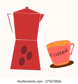 coffee cup and decorated with some grains of coffee on white background.