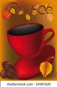 coffee with a cup and the decorative text from letters with leaves