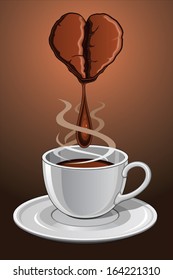 Coffee Cup Design With Bean is an illustration of a heart shaped coffee bean and a cup of hot steaming coffee cup.