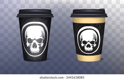 Coffee cup design - pirate skull on a black background. Jolly Roger. Realistic 3D mockup. Presentation of coffee cup design. Transparent background, normal shadows and lighting.