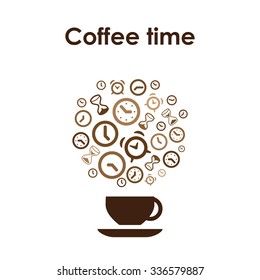 Coffee cup design vector icon for coffee shop or cafe or coffee lovers with clocks and alarms and Coffee Time lettering