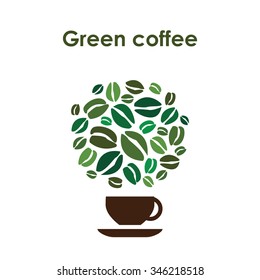 Coffee cup design vector icon for coffee shop or cafe with green coffee beans and cup