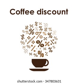 Coffee cup design vector icon for coffee shop or cafe with coffee and discount symbols on white background