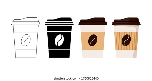 Coffee cup designed coffee grain with lid and kraft holder icon set isolated on white background. Disposable paper hot drink cup. Flat, line art simple black vector illustration take away pack sign