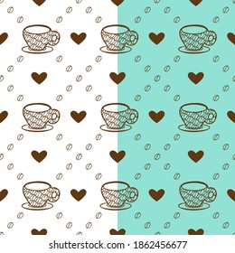Coffee Cup diagonal seamless pattern. Geometrical stylish texture with beans, Love heart shape, brown color line contours.  Transparent background. Vector illustration