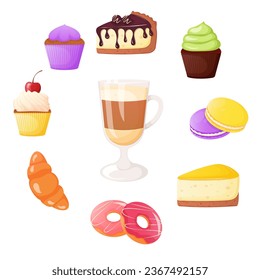 Coffee cup with different desserts, sweet bakery banner concept